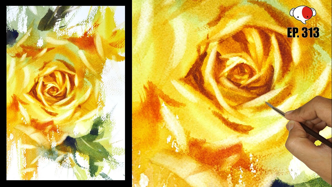 สรุปขั้นตอน วาดรูปสีน้ำ ดอกกุหลาบสีเหลือง  ภายใน 5 นาที /ครูช้างสอนวาด ตอนที่ 313