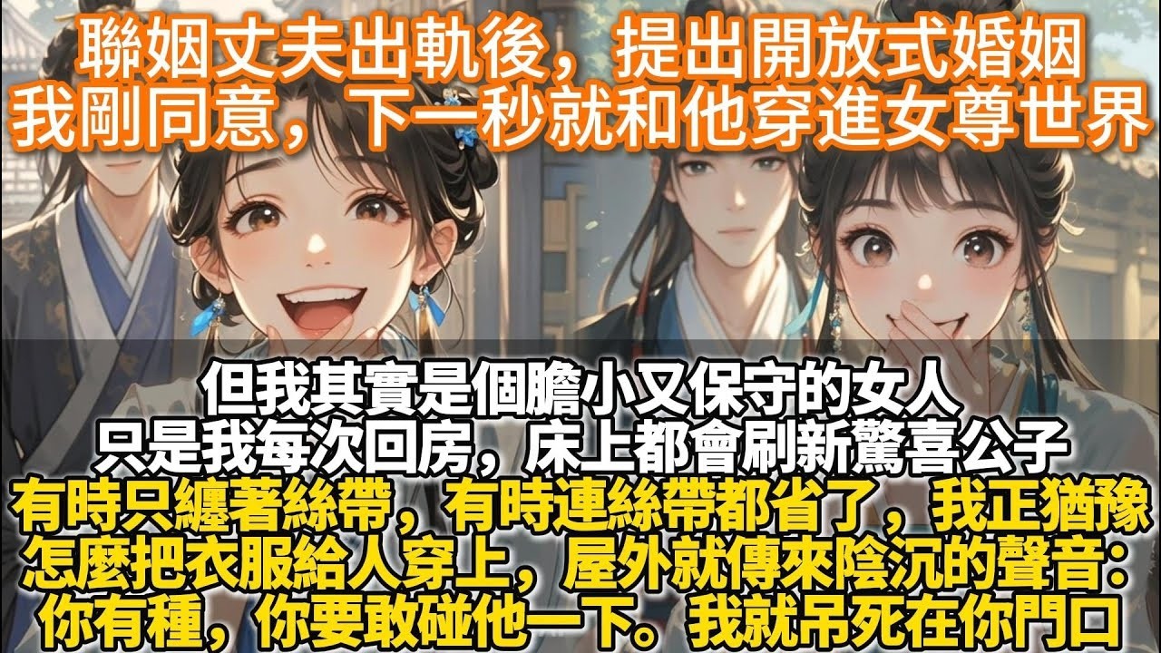 完結腦洞爽文：聯姻丈夫出軌後，乾脆提出開放式婚姻。我剛含淚同意，下一秒就和他穿進女尊世界。而我同意的聲音還在喜堂內回蕩。客席中立刻跳起三五個小廝，嚷著我家公子有機會了就往外沖。高堂上的母親也喜極