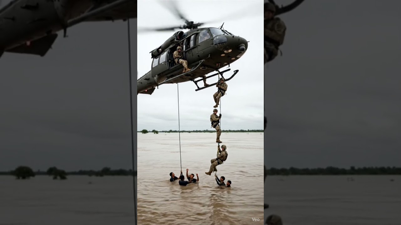 Army Helicopter Rescue Operation During Flood Emergency