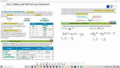 U1L1 ADDING AND SUBTRACTING POLYNOMIALS [HMATH1]