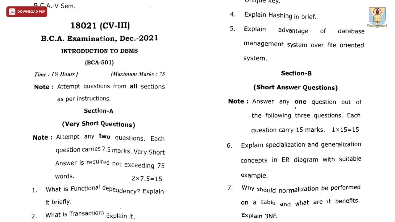 BCA 5TH SEM INTRODUCTION TO DBMS CV DEC 2021 | CCSU - YouTube