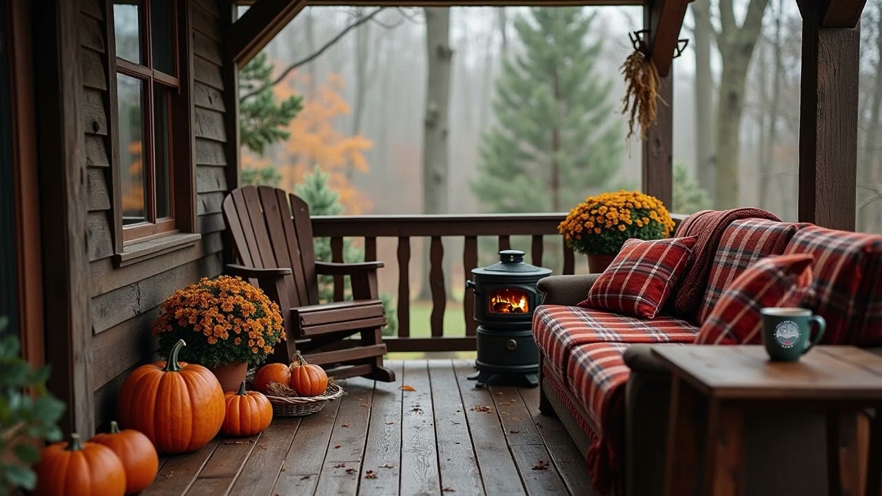 Quiet Autumn Day on the Porch — Light Rain, Gentle Fire & Coffee Comfort | 4HR Cozy Ambience