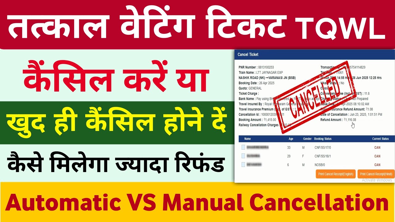 Tatkal waiting ticket cancellation charges | Tatkal waiting ticket refund 2026 | TQWL cancellation 