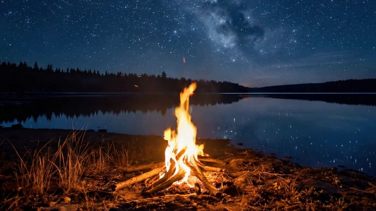 Campfire by the Lake Under the Stars 🔥🌌 Crackling Sounds for Deep Sleep & Relaxation