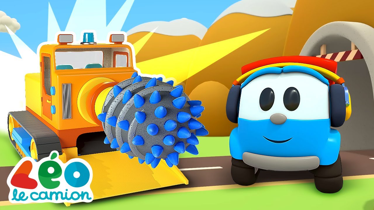 Léo le camion assemble un tunnelier. Animation avec voitures en français pour les petits