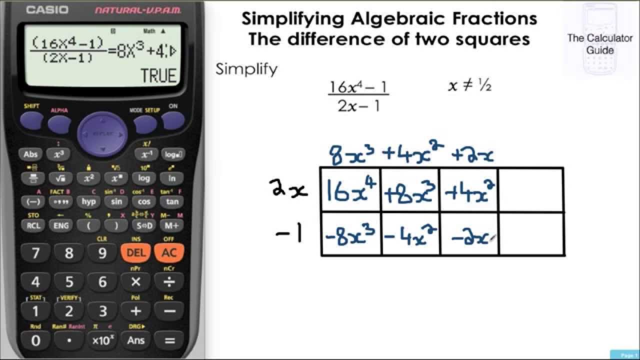 Simplifying Algebraic Fractions - The difference of two squares - Casio