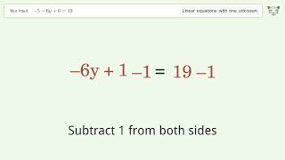 Solve -5-6y+6=19: Linear Equation Video Solution | Tiger Algebra