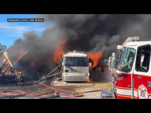 Crews battle fire involving 'multiple RVs' in Hernando County - YouTube