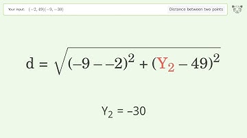 Find the distance between two points p1 (-2,49) and p2 (-9,-30): Step-by-Step Video Solution