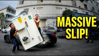 Worker injured after heavy machine slips during truck loading in Guangdong, China