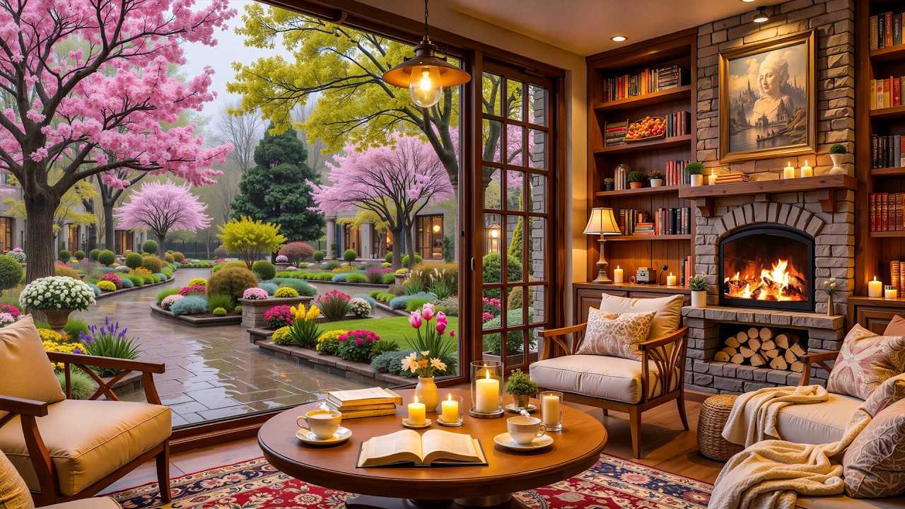 Peaceful Spring Rain Café ☕ Soft Smooth Jazz Piano, Fireplace & Gentle Rain Sounds for Relaxation