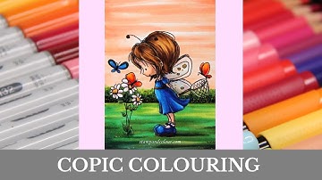 COPIC - Colouring MFT Flutterby Friends with a background / Colorier une fillette & ajouter un fond