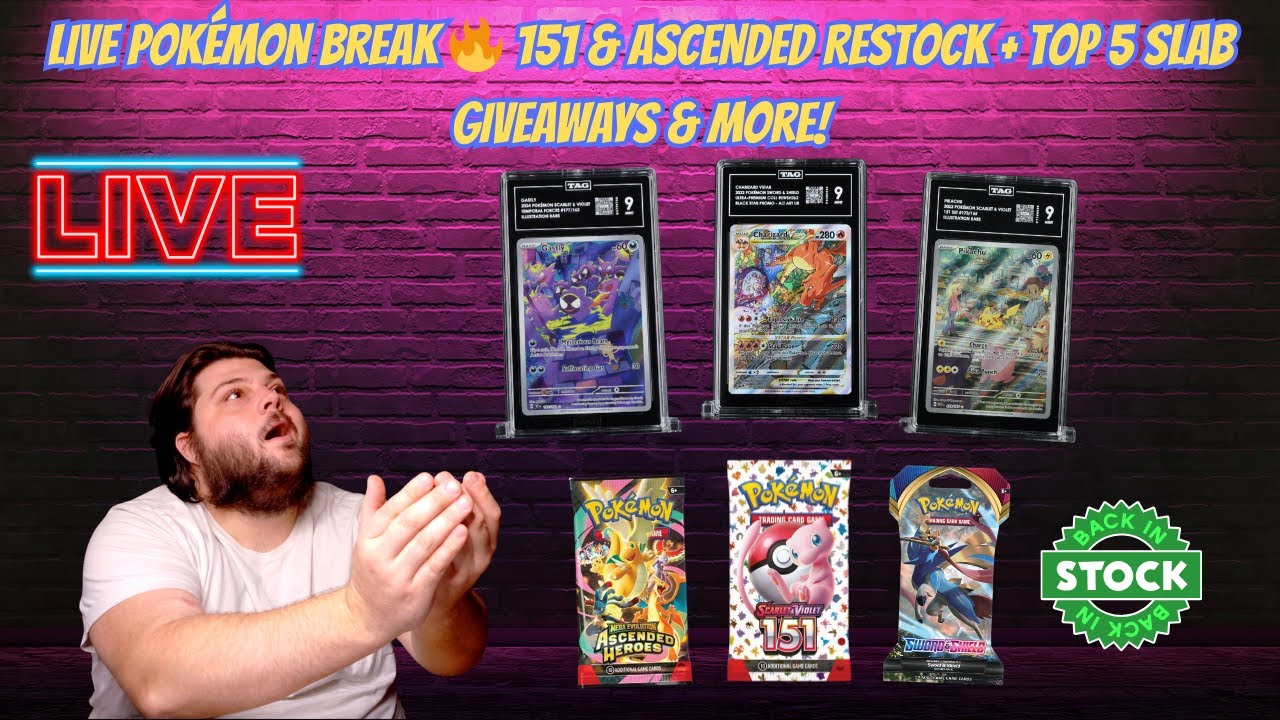 LIVE Pokémon Break 🔥 151& Ascended Restock + Top 5 Slab Giveaway! #ripandship #pokemon #giveaway