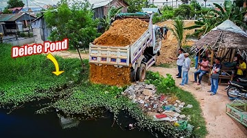 Perfectly New Landfill Project! Delete Deep Pond by Dozer D20A Pushing Stone Into Water with Truck