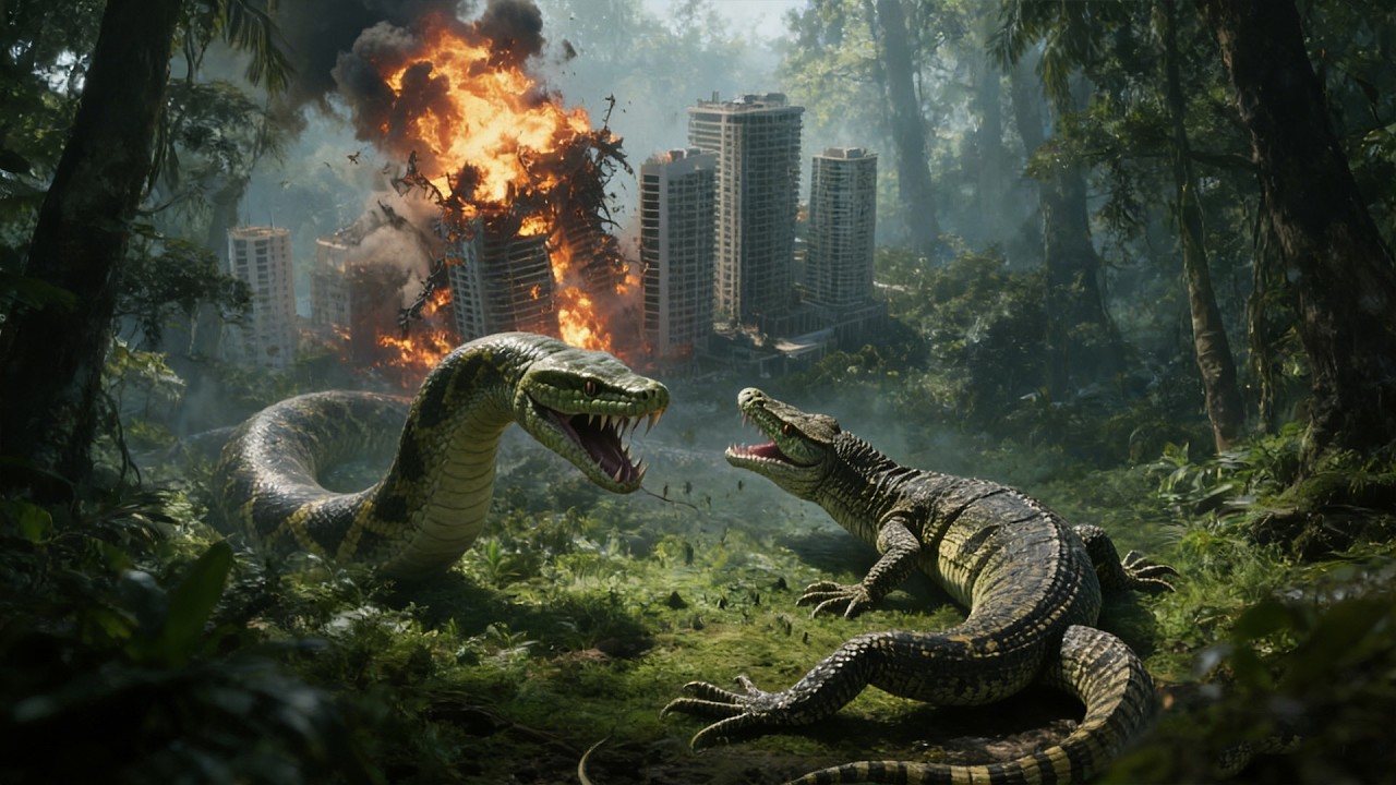 City fallen, giant pythons rampage. In despair, a mutated monitor ...