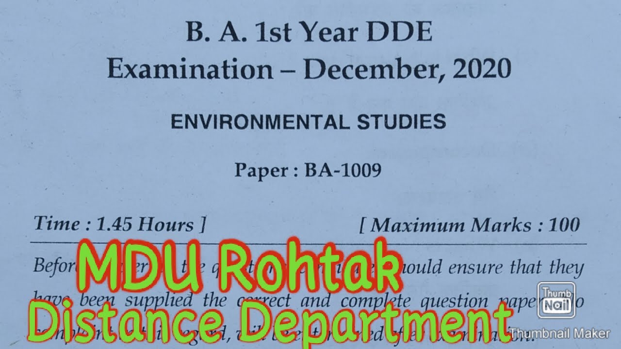 MDU Distance BA 1st Year Environmental Studies Question Paper December 2020 MDU Rohtak DDE E.S Paper