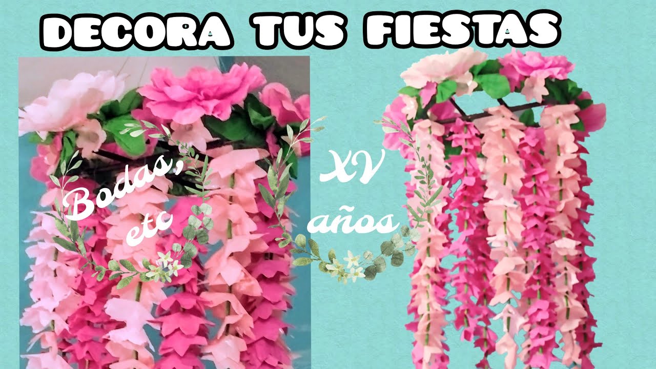 Colgante de flores🌸 con mantel de plástico en forma de cascada papel crepe Bodas, XV años 🍃pendant