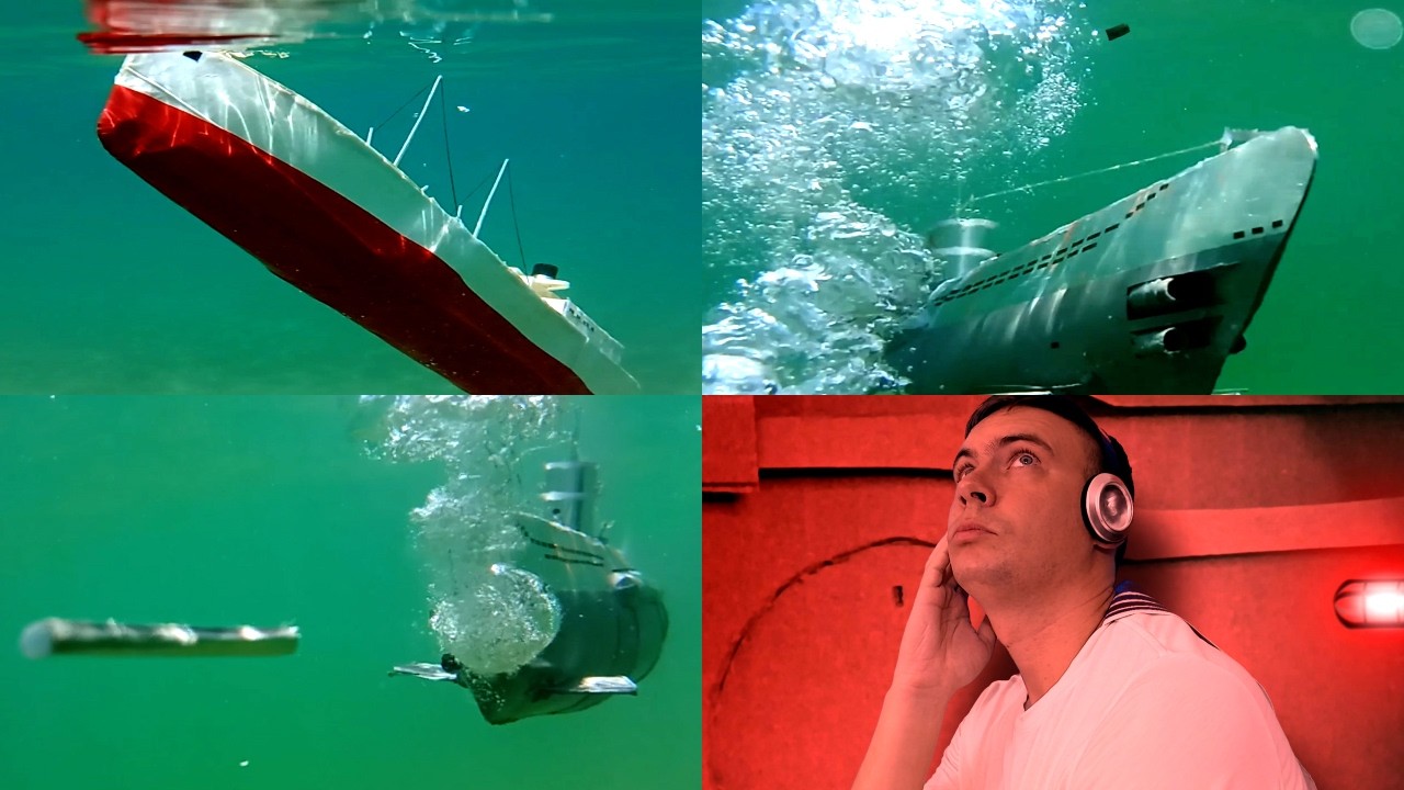 Cardboard ship sinking, submarine model attacking convoy, depth charge and torpedo, mini Uboat WWII