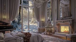 Calming Fireplace and Piano ASMR for Royal Bedroom | Snowfall Ambiance | Relaxing Sleep Aid