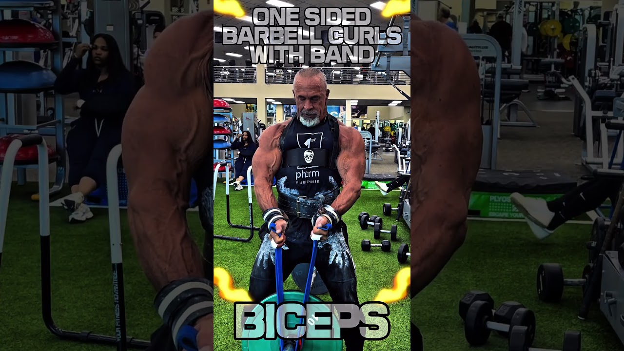 ONE SIDED BARBELL CURL WITH A RESISTANCE BAND FOR BICEPS #workout #biceps #motivation #workouttips