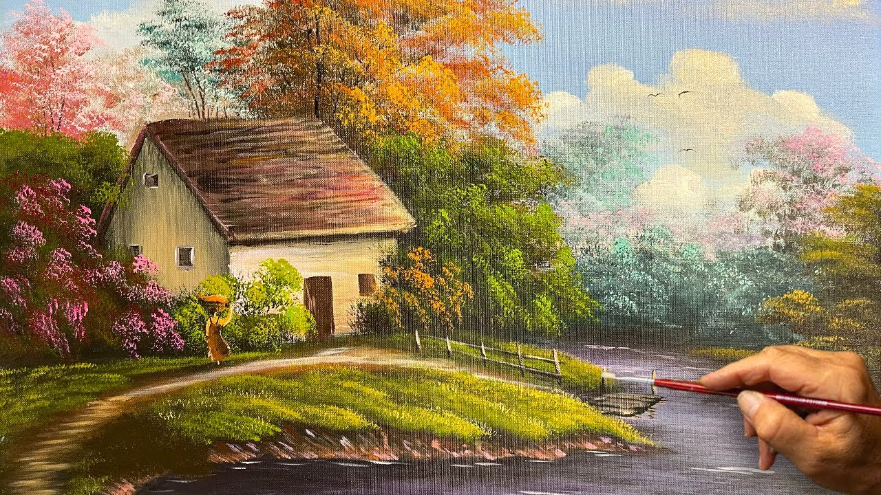 Draw a landscape of a house in the forest  / Acrylic landscape painting / Art paintings