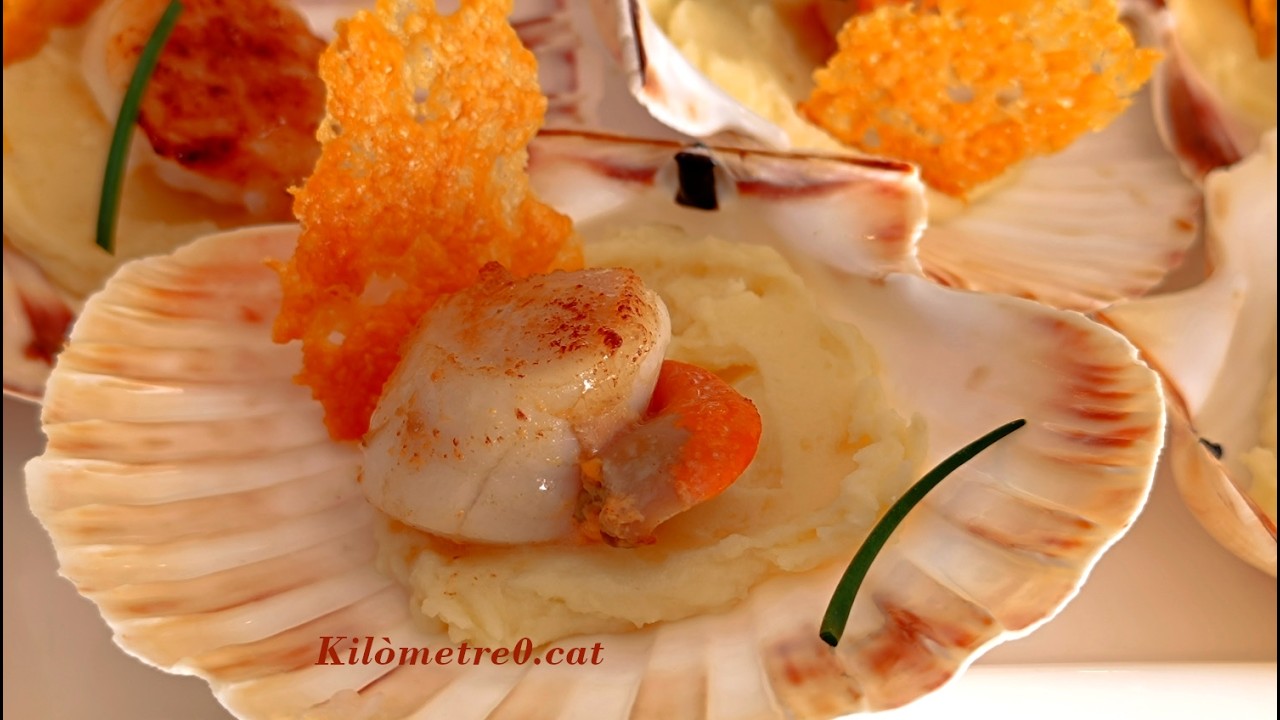 Vieires amb cremós de patata i galeta de parmesà | Recepta fàcil per sorprendre / Plat de festa