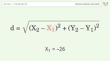 Find the distance between two points p1 (-26,66) and p2 (66,43): Step-by-Step Video Solution