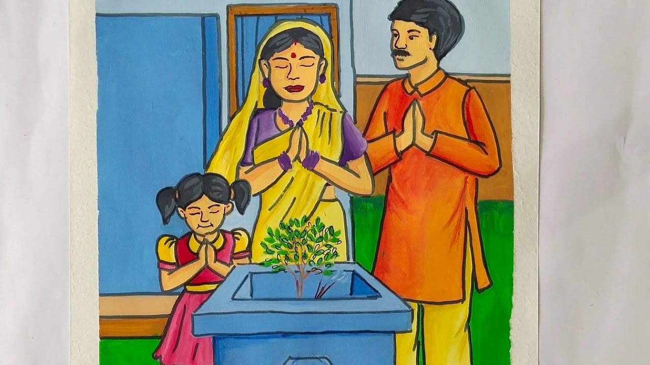 Memory drawing of a family doing Tulsi pooja | Memory drawing for ...