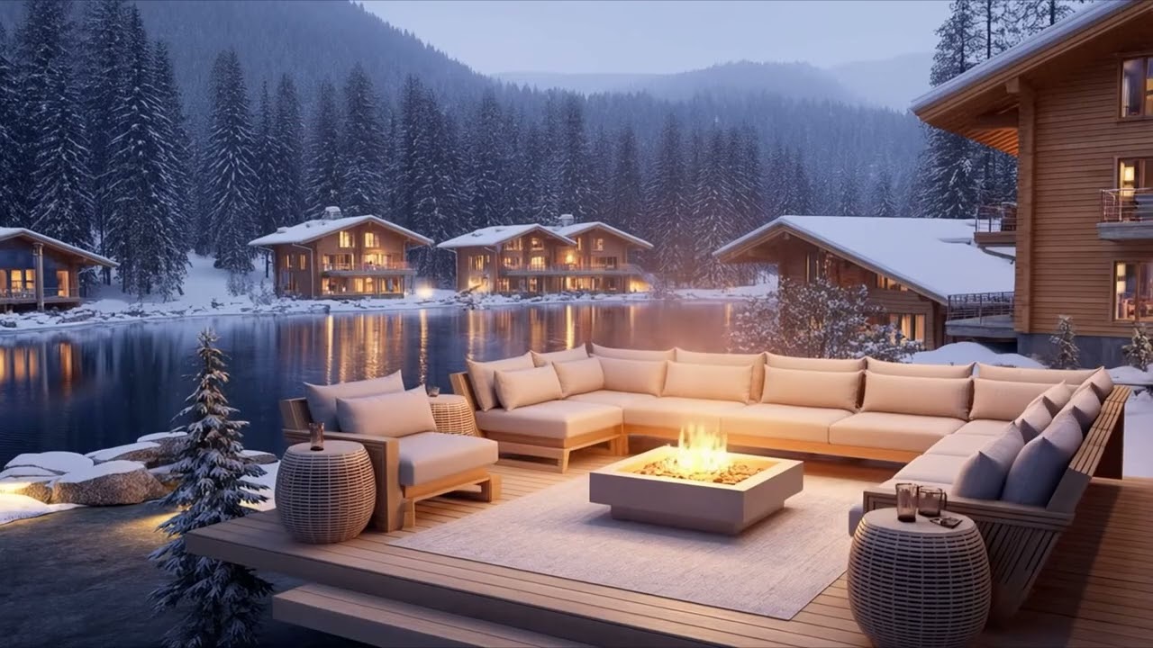 Winter Lake front Cabin Deck and Smooth Jazz