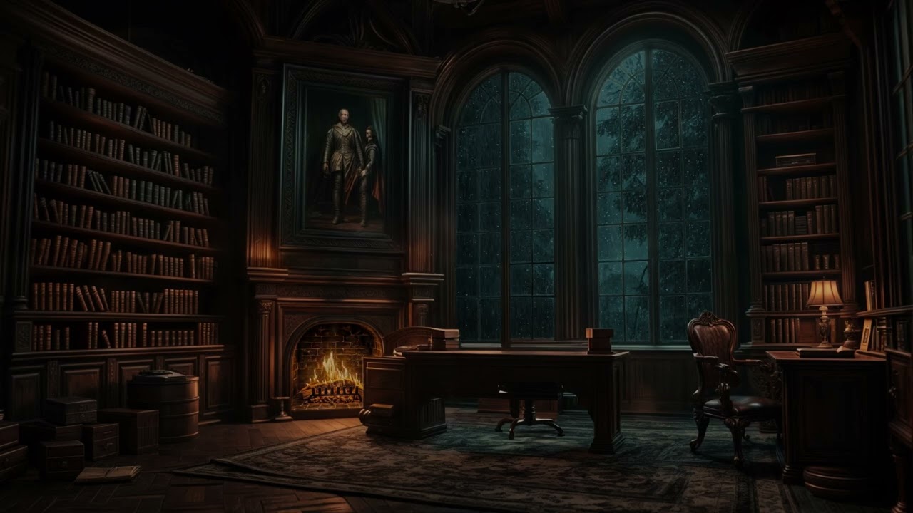 🎧 Night Study Ambience | Rainy Library Window, Fireplace Glow for Deep Focus & Calm Mind