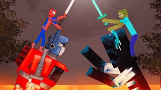 Spider-Man and Optimus Prime vs Minecraft Creatures on Lava in People Playground