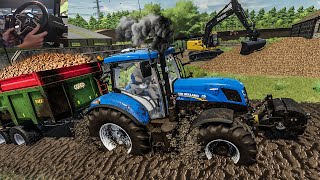 New Holland T7.170 transport potatoes through muddy roads and get stuck | Thrustmaster T248 gameplay screenshot 3