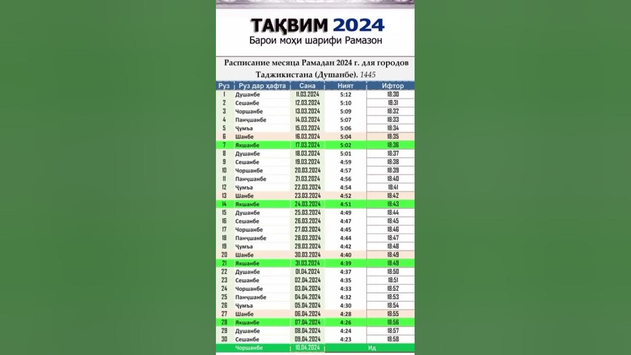 Тақвим Барои Моҳи шарифи Рамазон соли 2024 - YouTube