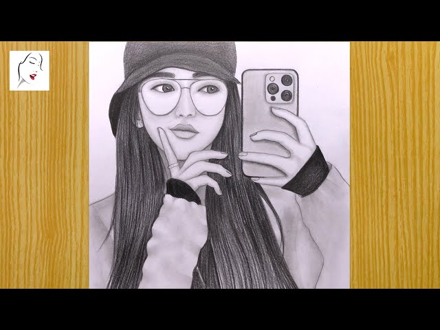 How to draw a girl with glasses easy, A Girl with Selfie Drawing, BTS Cap Girl  Drawing