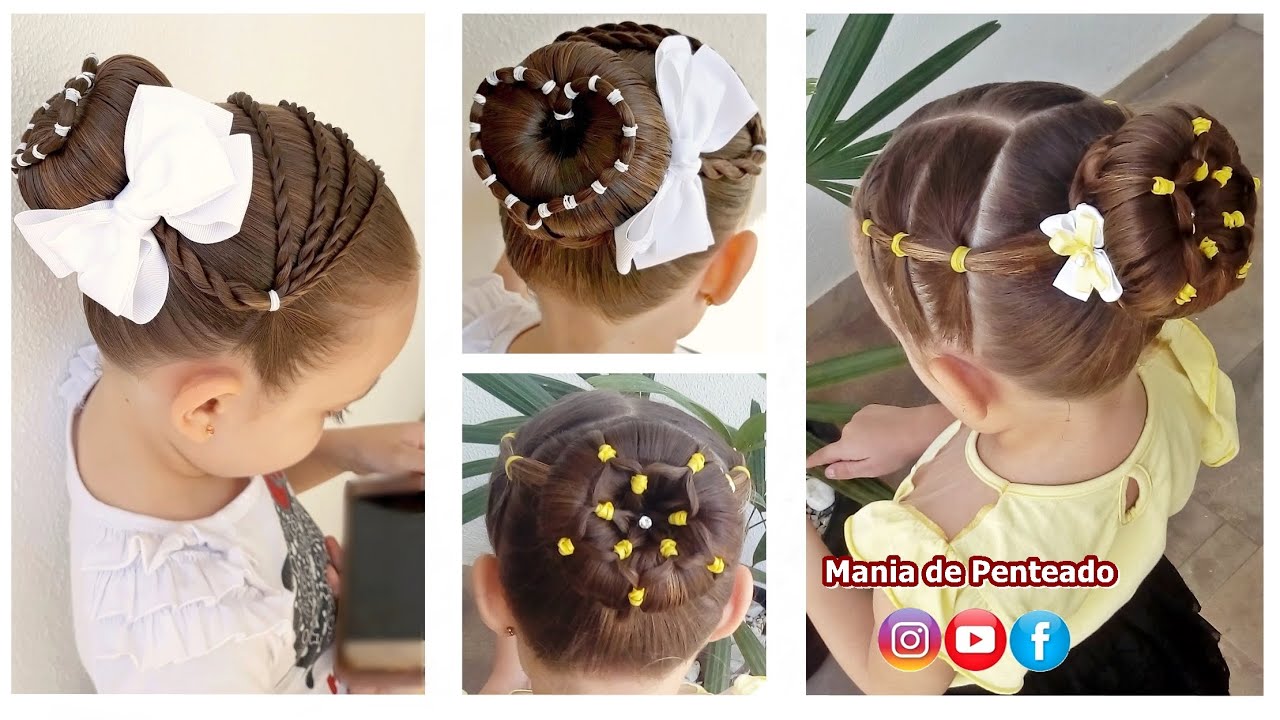 Penteado Infantil Coque em Flores de Cabelo para Festas e Formaturas, Easy  Bun Hairstyle for Girls