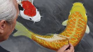 how to paint KOI in Waterlilies Pond 鯉の描き方 fish pond painting tutorial, melukis ikan kolam Teratai