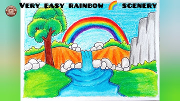 How to draw rainbow over waterfall scenery step by step | easy rainbow scenery drawing for beginners