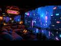 Lofi Ambient – Cozy Neon Coffee Balcony Overlooking Rainy Cyber City | Relaxing Night Ambience | 4K