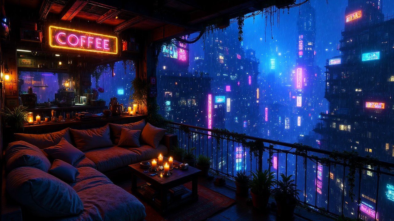 Lofi Ambient – Cozy Neon Coffee Balcony Overlooking Rainy Cyber City | Relaxing Night Ambience | 4K