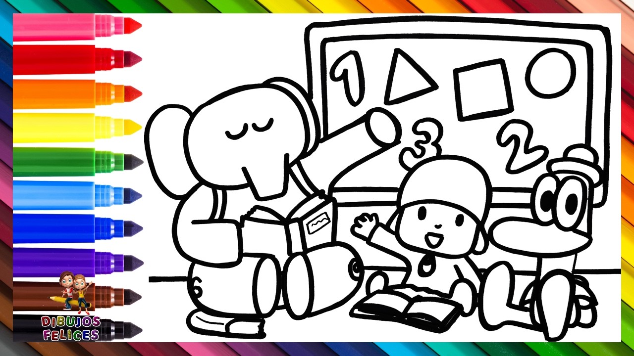 Dibuja y Colorea A Pocoyó Y Sus Amigos Volviendo Al Colegio 👶🦆👧🐘🎒📚✏️🔠🔢🏫 Dibujos Para Niños