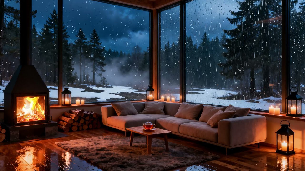 Stormy Night Rain Sounds 🌩️ Warm Fireplace Ambience for Study and Focus