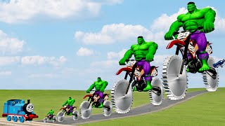 Big &amp; Small Hulk on a motorcycle with Saw wheels vs Choo-Choo Thomas Train – BeamNG.Drive