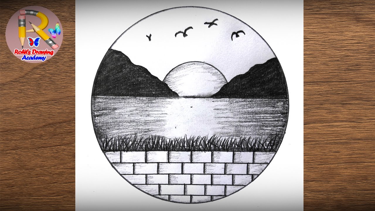 Sunset Basic Shading How to Draw Easy Sunset Scenery in Circle | Pencil Shading Landscape ...