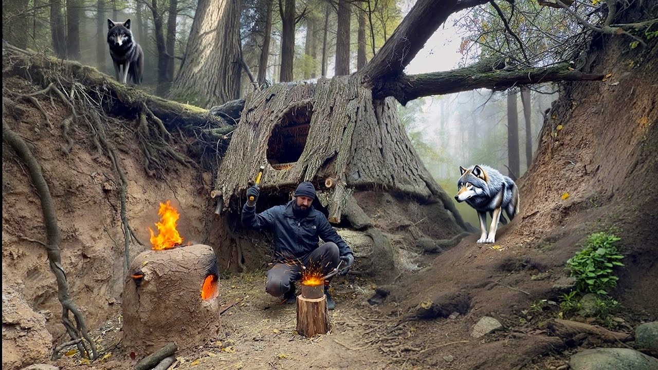 Building a Hanging Shelter on a Fallen Tree | Survival in the Wolf’s Den