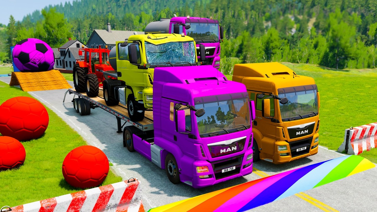 Speedbumps vs Cars | Flatbed Truck Mcqueen | Transportation with Truck Pothole vs Car - BeamNG.Drive