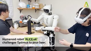 Humanoid robot 'ALICE v4' challenges Optimus to pour beer.