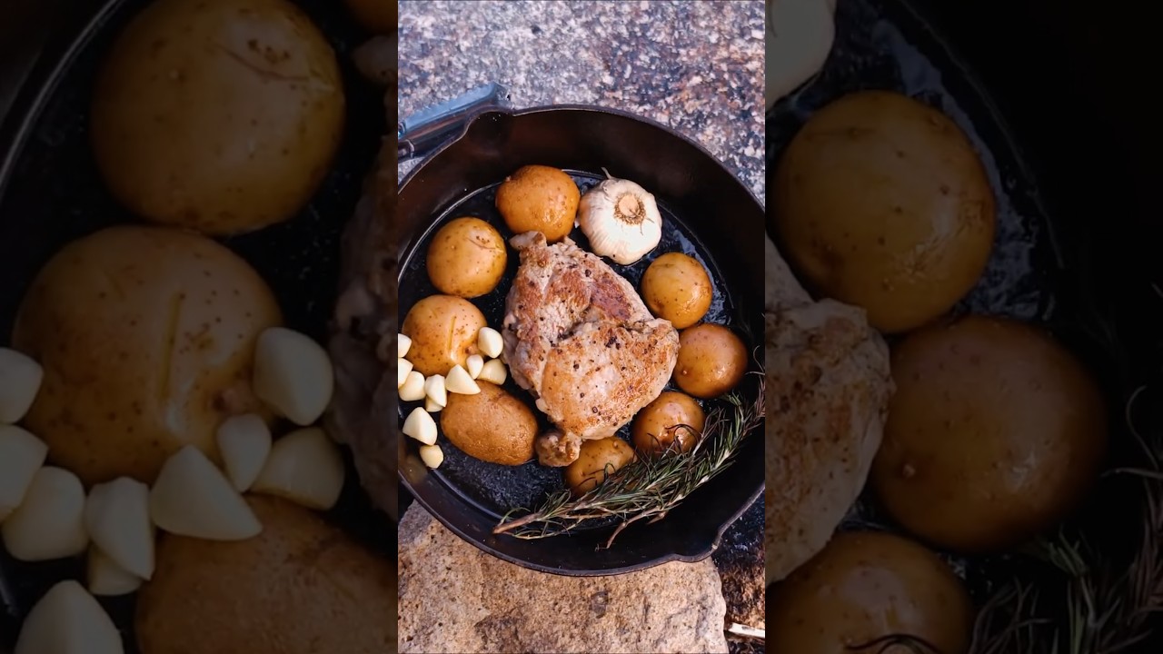ASMR Cooking Pork Steak & Potatoes on Campfire | Shorts