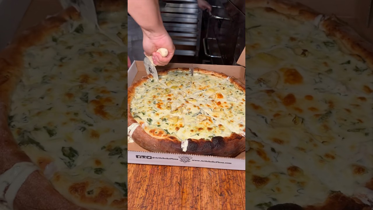 PACKED with Artichoke, Spinach, Cream Sauce, Mozz, and Pecorino! 🍕Artichoke Pizza NYC! #DEVOURPOWER