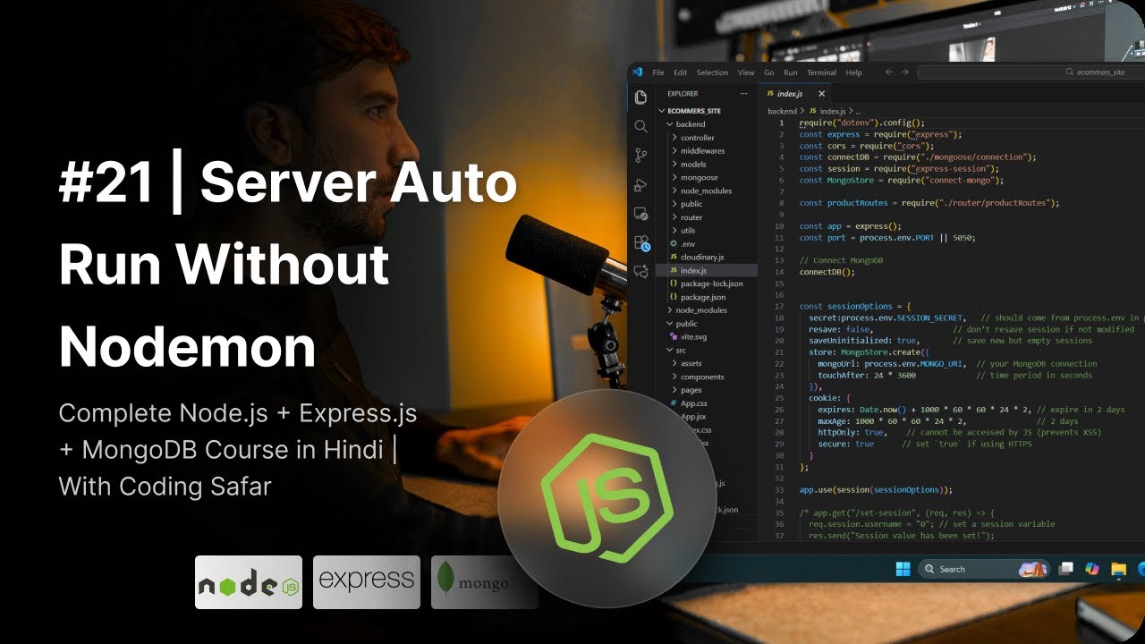 NodeJS Tutorial in Hindi #21 | Server Auto Run Without Nodemon - YouTube