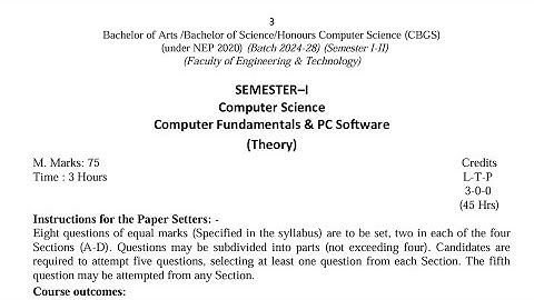 BA / BSc 1st Semester Computer Science Syllabus 2024 GNDU University | Bsc 1st Semester Syllabus